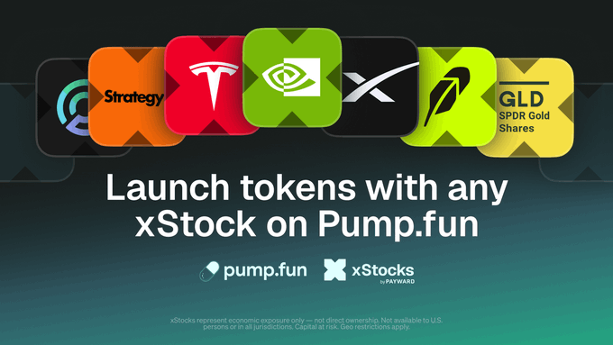 Pump.fun and xStocks are promoting “Launch tokens with any xStock on Pump.fun,” with logos for Strategy, Tesla (TSLA), NVIDIA (NVDA), and SPDR Gold Shares (GLD), tying the launch platform to the “xStonks” initiative.