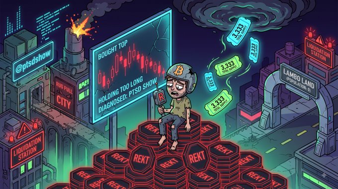 A digital illustration showing a frustrated crypto trader sitting on a pile of 'REKT' tokens, with a screen reading 'BOUGHT TOP HOLDING TOO LONG DIAGNOSED: PTSD SHOW' and '@ptsdshow'.