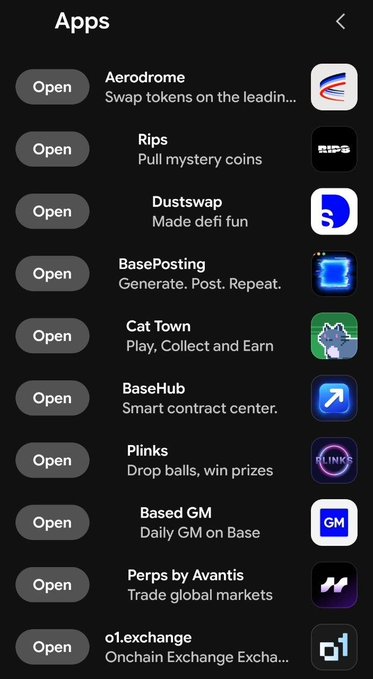 This image shows a list of recommended apps within the Base ecosystem, including "Based GM" and "Perps by Avantis". The caption accurately reflects the context of the accompanying post by highlighting these specific apps.