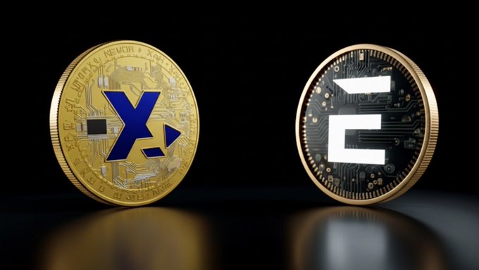 Two cryptocurrency coins are shown, one gold with an 'X' logo and one black with an 'L' logo, against a dark reflective background.