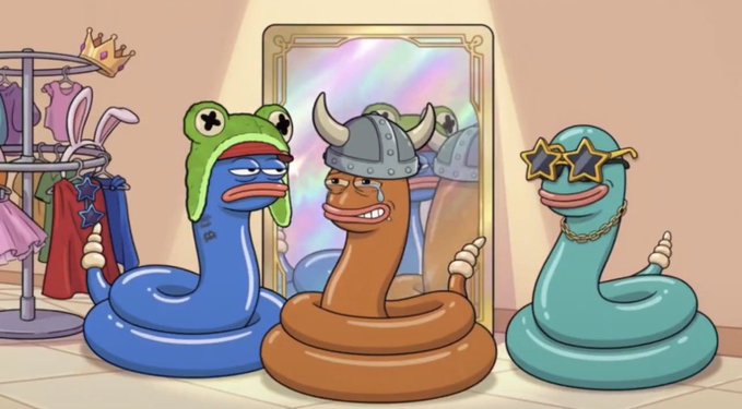 An illustrated cartoon scene shows three snake-like characters wearing a frog hat, a horned helmet, and star-shaped glasses, standing in front of a mirror and a clothing rack with a crown on top.