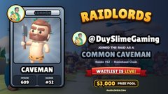 A streamer profile graphic reads “RAIDLORDS,” “@DuySlimeGaming,” “COMMON CAVEMAN,” and “WARTALES IS LIVE,” with a $3,000 raid goal and a caveman character card.