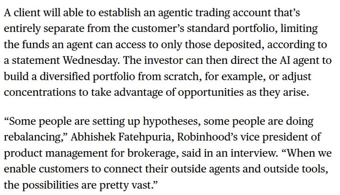 The image shows a text that reads "Some people are setting up hypotheses, some people are doing rebalancing, @RobinhoodApp to validate the agentic trading thesis this is quickly there's still way more financial primitives, eg lending/perps, & @solana builder tooling clawpumps agents can use. robinhood is scratching the surface of the agentic finance race." The image also contains a caption that reads "Some people are setting up hypotheses, some people are doing rebalancing, @RobinhoodApp to validate the agentic trading thesis this is quickly there's still way more financial primitives, eg lending/perps, & @solana builder tooling clawpumps agents can use. robinhood is scratching the surface of the agentic finance race."