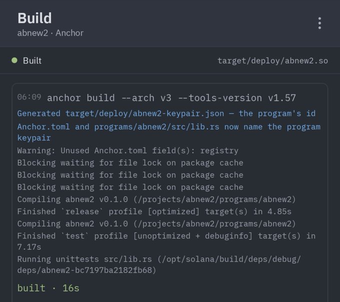 A terminal log output showing a successful Anchor build for 'abnew2', compiled for the Solana blockchain, completed in 16 seconds with both release and test profiles.