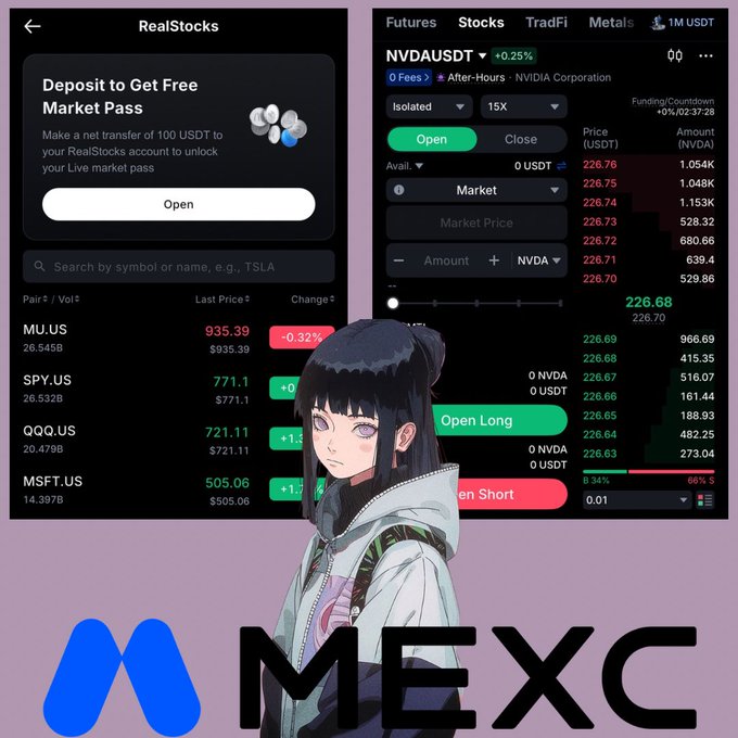 A composite image showing trading app screenshots featuring NVDA (NVIDIA) stock at $226.76 and RealStocks listings for MU.US, SPY.US, QQQ.US, and MSFT.US, with an anime-style character in the foreground and the "MEXC" exchange logo at the bottom.