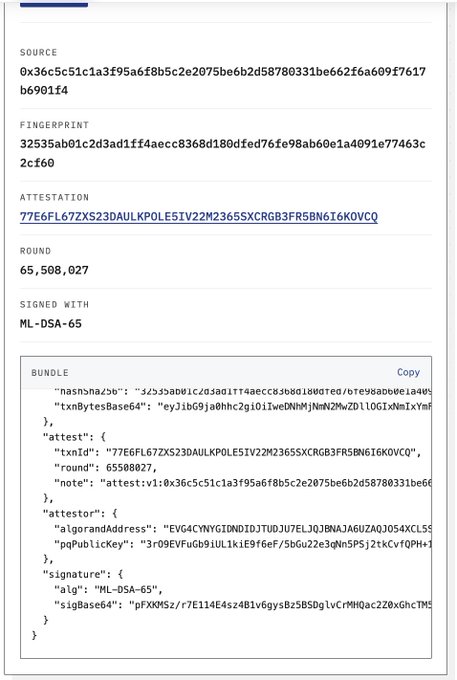Screenshot of an Arweave/Ar.io attestation page displaying transaction metadata including source hash, fingerprint, a long base64 attestation string, round 65,508,027, signed with ML-DSA-65, along with the raw bundle JSON containing hash, txId, node, attester, and signature fields.
