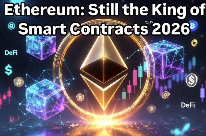 A promotional graphic with the text 'Ethereum: Still the King of Smart Contracts 2026' features the Ethereum logo surrounded by glowing cubes and DeFi elements.