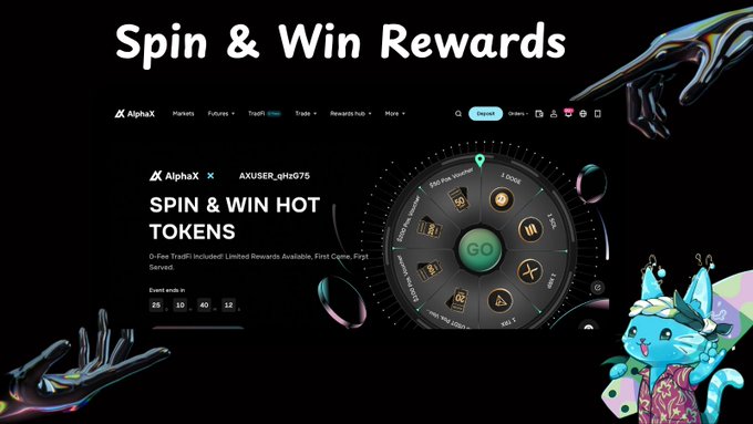 A promotional graphic for AlphaX's "Spin & Win Rewards" Lucky Wheel event, featuring a colorful prize wheel with a central "GO" button and the user handle "AXUSER-aHqG75," accompanied by a playful blue cat mascot. The image visually represents the trading platform's campaign where users can earn up to 134 spins to win tokens like SOL, XRP, TRX, and DOGE between September 1 and October 2.