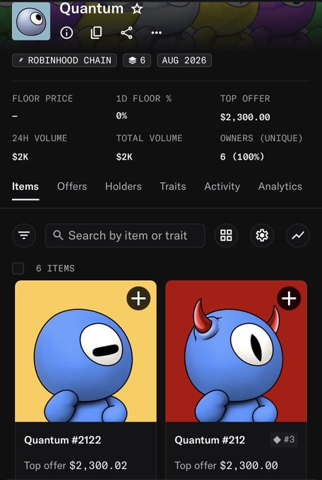 An NFT collection page for 'Quantum' on Robinhood Chain showing 6 items with a top offer of $2,300.00 and $2K in 24H volume.