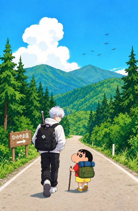 An anime-style illustration of two characters—a silver-haired person with a sword and backpack, and a young boy with a walking stick—standing on a path overlooking lush green mountains.