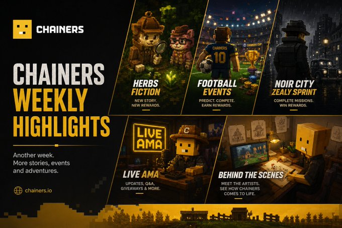 A promotional graphic for Chainers Weekly Highlights at chainers.io, featuring sections for Herbs Fiction, Football Events, Noir City Zealy Sprint, Live AMA, and Behind the Scenes.