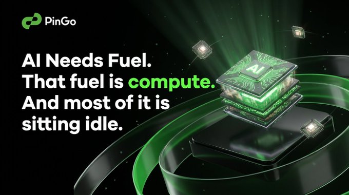 An advertisement for "PinGo" with the tagline "AI Needs Fuel. That fuel is compute. And most of it is sitting idle," displayed next to an image of stacked AI processing chips with green lighting.