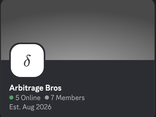 A Discord server preview card showing 'Arbitrage Bros' with 5 online users, 7 members, and an establishment date of Aug 2026.