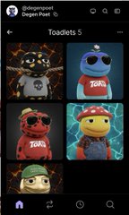 A blurry, distorted image of an NFT collection called 'Toadlets' featuring cartoon toad/frog characters in various colors (gray, blue/red, red/TOADS, yellow/green, green) with text reading 'Open Next'.