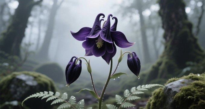 A digital illustration of a dark purple columbine flower with drooping buds, set in a misty, mossy forest.