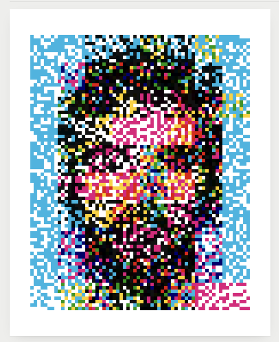 A pixel art portrait composed of small colored squares, depicting a face in shades of pink, white, and black against a light blue and white background.
