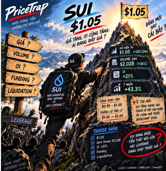 A promotional graphic for 'PriceTrap' featuring a climber ascending a mountain with a $1.05 flag, analyzing SUI cryptocurrency at $1.05 with statistics like 24H volume of $2.02B (+26%), OI +21%, and 7-day growth of +43.3%. The image poses questions about leverage, liquidation, and FOMO in Vietnamese, referencing AMBCrypto, CoinGecko, and PrimeXBT as sources.
