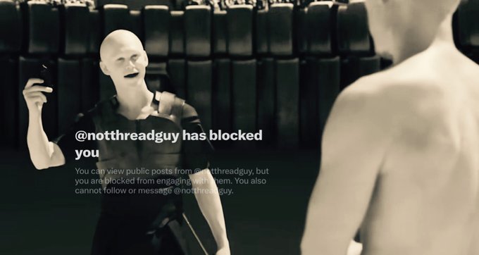 The image shows a pale, bald figure in a dark setting confronting a shirtless person, overlaid with an Instagram notification reading "@notthreadguy has blocked you," referencing being blocked from following or messaging that account. This ties to the post's joke about escalating crypto FUD culture to personally blocking and antagonizing individual accounts, satirizing how tribalistic Solana community disputes have become.