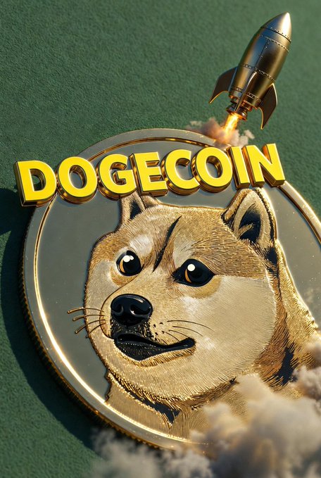 A 3D rendering of a golden Dogecoin coin featuring the Shiba Inu dog face, with the word "DOGECOIN" displayed above and a rocket launching off the top.