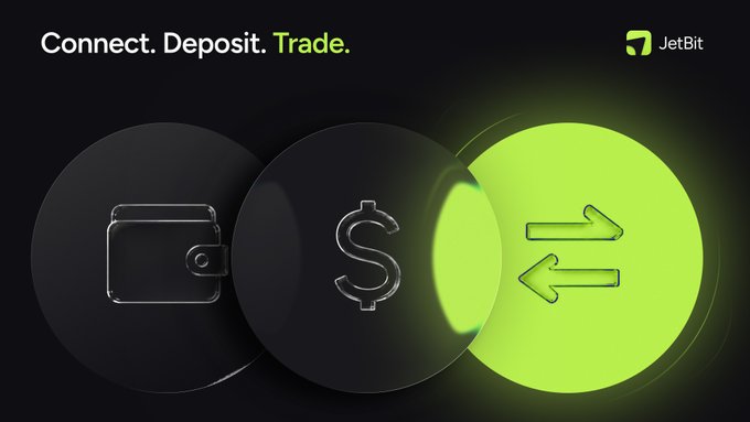 A JetBit advertisement featuring three overlapping circular icons—a wallet, a dollar sign, and a neon-green exchange symbol—illustrating the platform's simplified "Connect. Deposit. Trade." onboarding process that bypasses traditional email and password registration by connecting directly via crypto wallet.