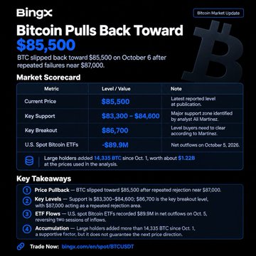 A BingX market update titled 'Bitcoin Pulls Back Toward $85,500' featuring a BTC price scorecard, key takeaways about support at $83,300–$84,600 and resistance at $86,700, with $1.22B in large holder inflows.