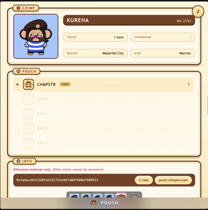 A screenshot of a digital wallet interface showing a character named 'KUREHA' (No. 3353), a Warrior from Waterfall City, with a pouch containing 1 'CHIMPSTR' coin and an Ethereum address (0x2abacdb413207a53517d1e967a89f608bf909912).