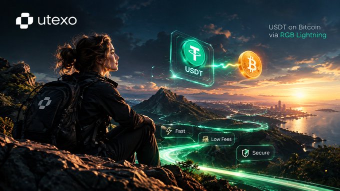 A promotional graphic for 'utexo' advertising 'USDT on Bitcoin via RGB Lightning,' featuring a woman with a backpack overlooking a city at sunset, with icons for 'Fast,' 'Low Fees,' and 'Secure.'