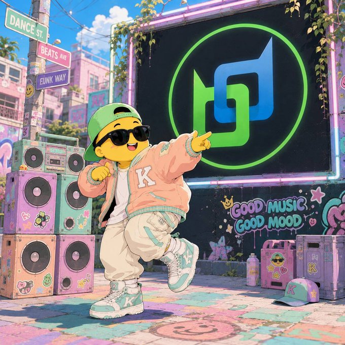 A vibrant cartoon illustration of a yellow emoji-like character wearing a green cap, sunglasses, and a 'K' jacket, posing in front of a green and blue logo on a screen, with street signs reading 'Dance St', 'Beats Ave', and 'Funk Way' alongside a 'Good Music Good Mood' mural.