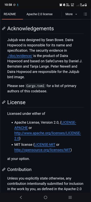 A mobile screenshot showing a README page with sections on 'Acknowledgements', 'License', and 'Contribution', noting 'Jubjub was designed by Sean Bowe' and licensed under 'Apache-2.0 License'.