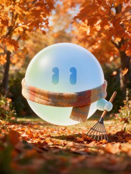 A decorative white spherical character with two oval eyes, wearing a beige scarf, is depicted in an autumn forest setting next to a small rake.