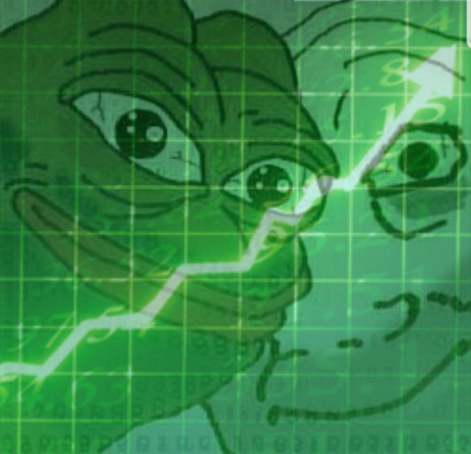 A green-tinted image featuring anime-style eyes overlaid with a stock chart line graph trending upward, set against a background grid of numbers.