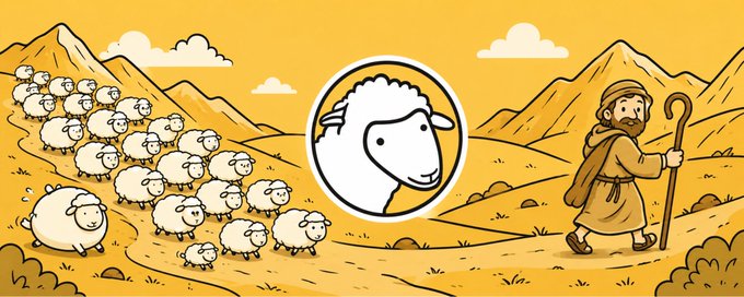 The image features a cartoon-style illustration of a shepherd with a staff guiding a flock of sheep across a mountainous desert landscape, with a large sheep head logo prominently displayed in the center circle. This visual metaphor of a shepherd leading countless sheep ties directly into the "Sheepcoin goes to millions" caption, symbolizing how the cryptocurrency will guide investors toward massive adoption and reach.