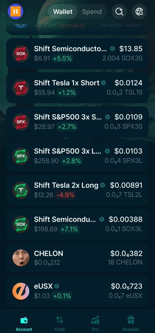 The image features a phone screen displaying several trading options for leveraged tokenized equities, such as shift long and short positions, along with exposure to TSLA. The app also provides information about Solana DeFi and Bullish sentiment. There is text that reads "Leveraged tokenized equities on Jupiter? This is massive. 2x TSLA long, 3x SOX short, S&P exposure all 24/7 with no traditional market limits." It seems to be a trading guide for the cryptocurrency market, giving users insights into available trading strategies and the potential returns associated with each option. The phone screen's focus on these details might have something to do with the post that was discussed earlier in this image.