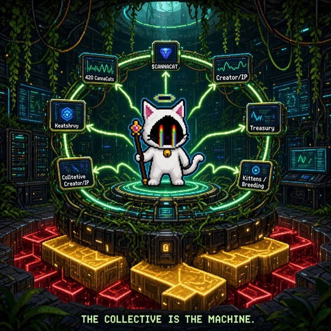 Digital artwork featuring a pixelated white cat with rainbow eyes holding a staff, surrounded by a tech interface displaying labels like '$CANNACAT', '420 CannaCats', 'Keatshruy', 'Collective Creator/IP', 'Treasury', and 'Kittens/Breeding', with text 'THE COLLECTIVE IS THE MACHINE' at the bottom.