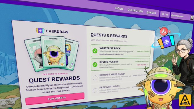 Screenshot of the Everdraw 'Quest Rewards' page showing a 'WhiteList Pack' for a Soul Painter NFT with quests and an invite access section, featuring a one-eyed cartoon mascot.
