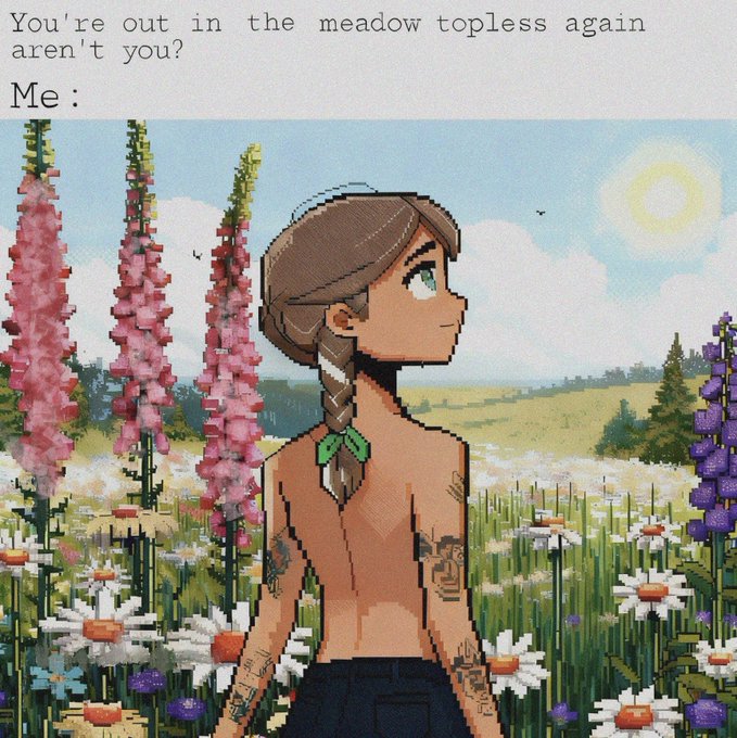 A pixel art meme showing a topless character with a braid in a meadow with text: 'You're out in the meadow topless again aren't you? Me:'