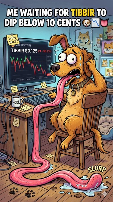 The image features a cartoon dog sitting at a desk, with its tongue out as if it's trying to catch flies or something else that has caught its attention. The background of the image shows a computer monitor displaying stock market data, indicating that the dog is in a room where someone might be working on their computer and possibly dealing with financial matters like trading stocks.

The caption at the bottom of the image reads "Waiting for $TIBBIR to drop below 10 cents is a great way to catch flies with your tongue!". This suggests that there's an ongoing discussion or event related to the stock market, and the dog might be trying to participate in it by using its tongue.