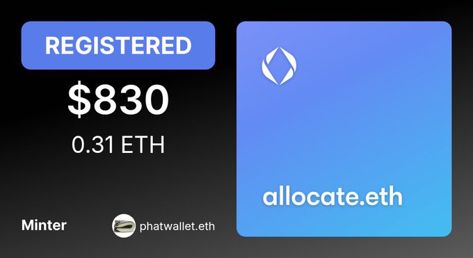 A digital NFT registration card on a black background displaying 'REGISTERED $830 0.31 ETH' with 'allocate.eth' branding and 'Minter' identified as 'phatwallet.eth'.