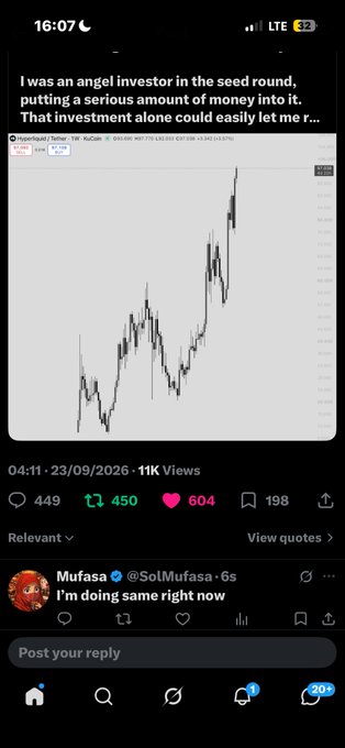 A Twitter/X screenshot shows a post boasting about being an angel investor in a seed round, featuring a cryptocurrency price chart, with a reply from 'Mufasa' (@SolMufasa) stating 'I'm doing same right now'.