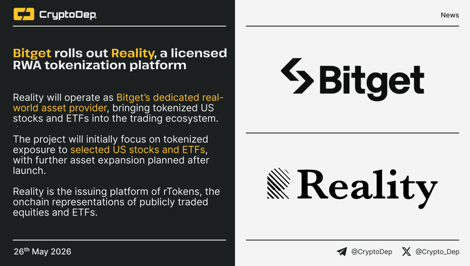 The image shows a poster for a cryptocurrency called Bitget that has been rolled out by RWA, a licensed RWA tokenization platform. The poster highlights the project's goal of tokenizing US stocks and ETFs into the trading ecosystem. It also mentions that the project will initially focus on tokenized exposure to selected US stocks and ETFs.