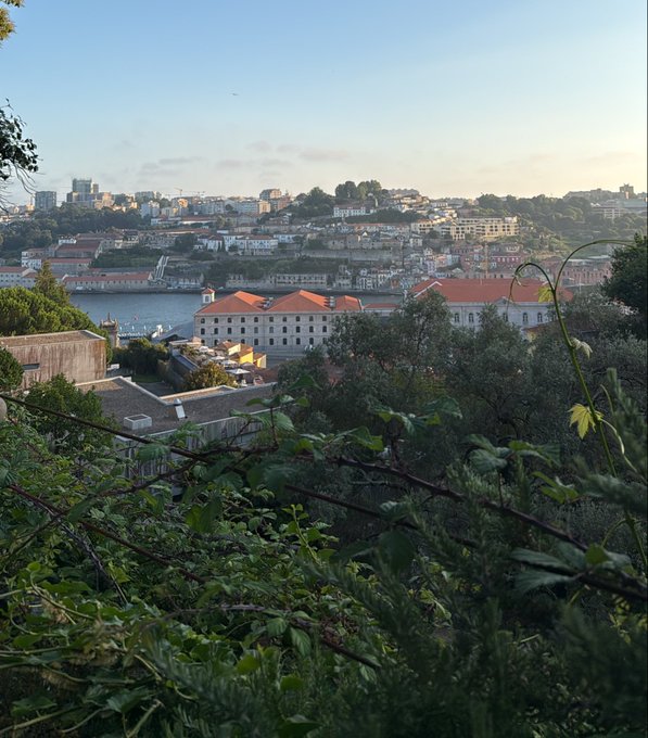 A scenic view overlooking a coastal city with terracotta-roofed buildings nestled along a river, where the dense urban landscape and historic architecture stand in stark contrast to the post's lament about getting "rugged on a 130K shitter here."