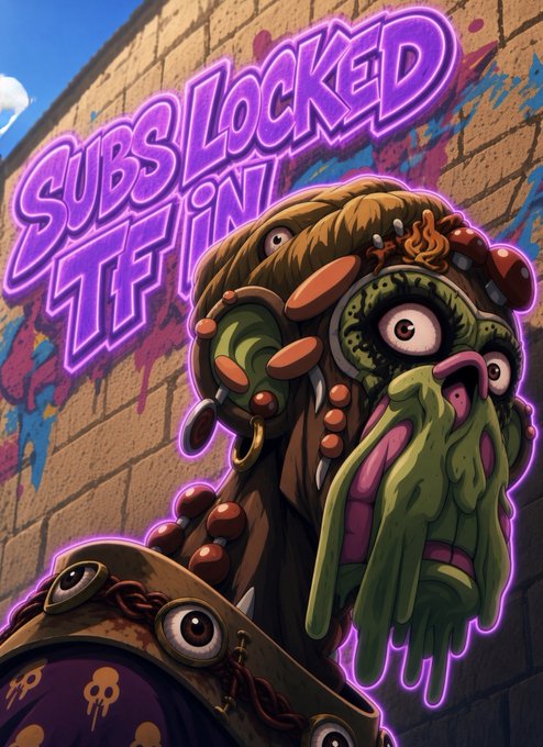 A cartoonish green-skinned zombie-like character with bulging eyes and gold grills stands against a graffiti-covered brick wall beneath glowing purple "SUBS LOCKED TF IN" text, visually reinforcing the energetic, exclusive subscriber opportunity announcement for the ProjectShiesty drop.