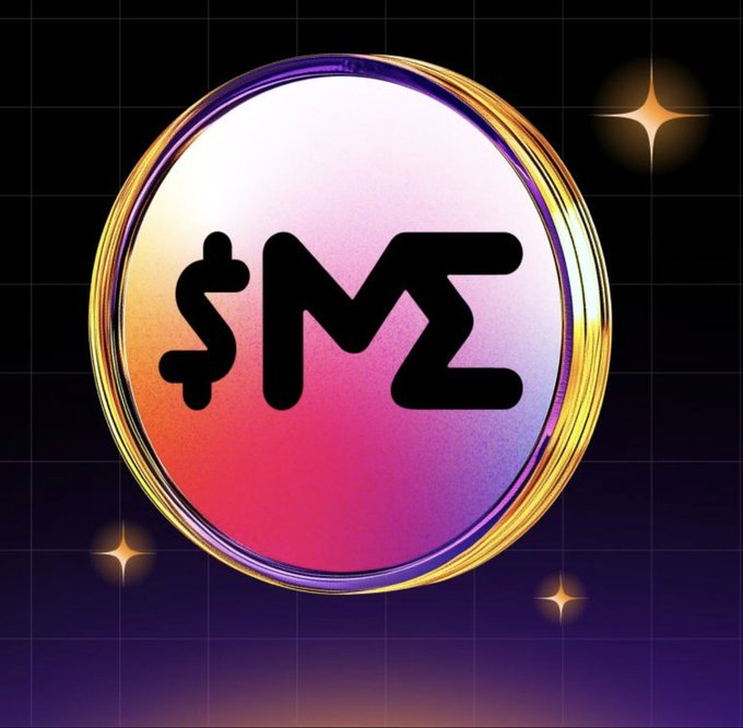 A stylized digital graphic featuring a colorful gradient oval emblem with '$MΣ' text (dollar sign, M, and sigma symbol) surrounded by star sparkles on a dark grid background.