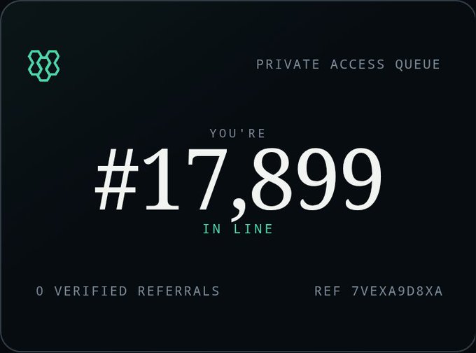 A dark screen displays '#17,899 IN LINE' under 'PRIVATE ACCESS QUEUE' with '0 VERIFIED REFERRALS' and 'REF 7VEXA9D8XA' shown.