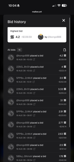 A mobile screen showing a bid history for 'mallow.art' with the highest bid at 4.2 SOL by @bongo888 and a list of previous bids.