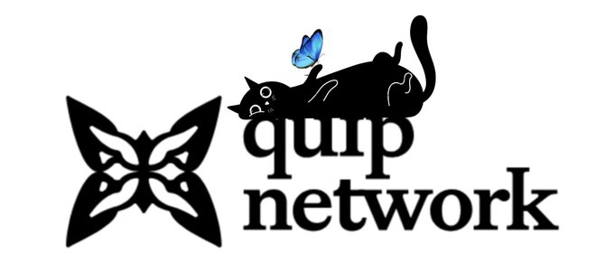 A logo for 'quip network' featuring a black butterfly design on the left and a black cat with a blue butterfly on its head lying on top of the text.