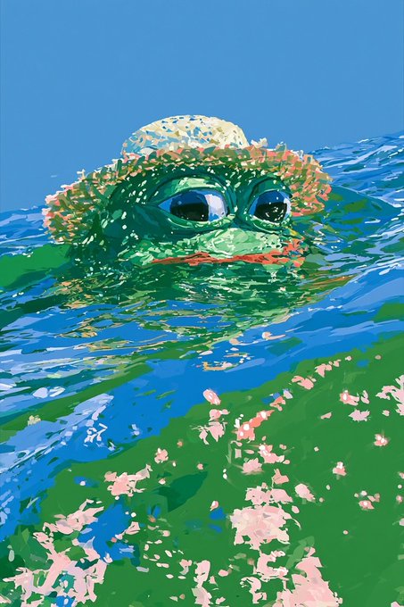 A colorful, painterly illustration of Pepe the Frog wearing a floral sun hat while floating in bright blue water.