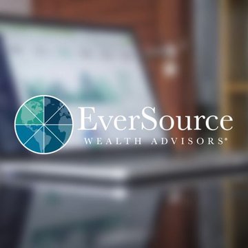 The image displays the logo of EverSource Wealth Advisors overlaid on a blurred background featuring what appears to be a laptop screen, visually reinforcing the post about the firm's disclosed holdings in XRP-related ETFs and Evernorth Holdings.