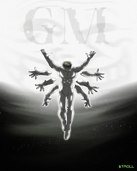 A digital illustration shows a gray, muscular humanoid figure with multiple arms outstretched, resembling a deity, with 'GM' faintly visible in the background and '$TROLL' signed in the corner.