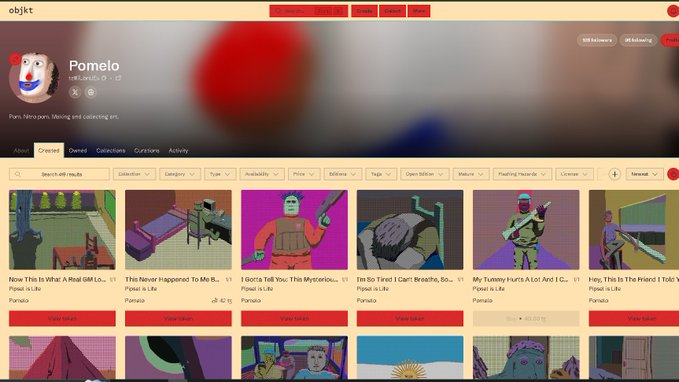 Objkt NFT marketplace page for creator "Pomelo" displaying various low-poly pixel art NFTs including pixel art and zombie-themed collections.